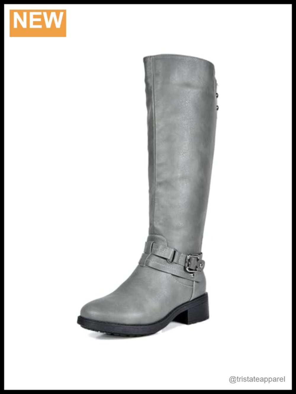 Faux Leather Knee High Buckle Riding Boots, Zipper, Block Heel